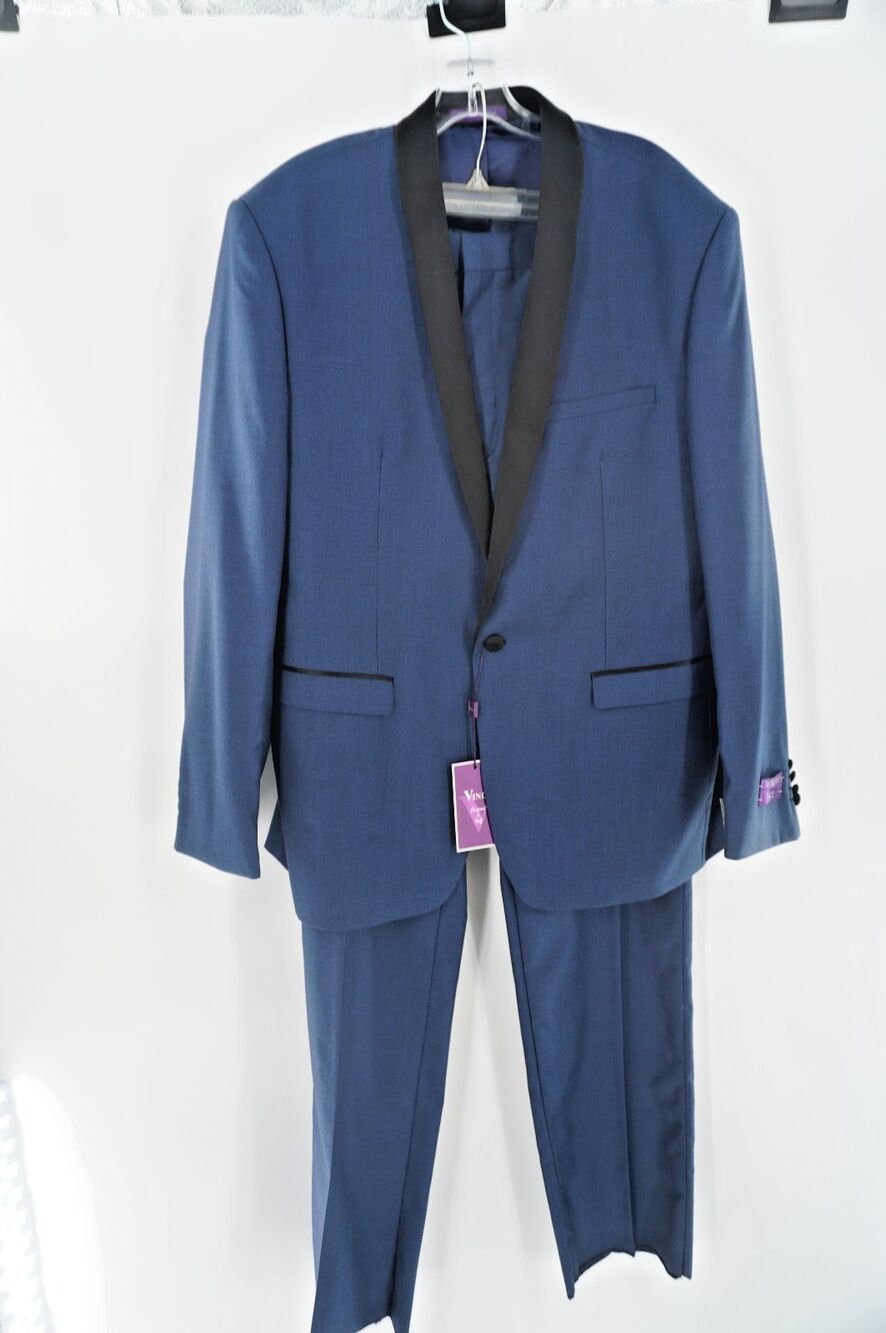 Vinci Royal Blue Tuxedo 2 Piece Suit Black Satin Shawl Lapel Slim Fit48R 42W NWT